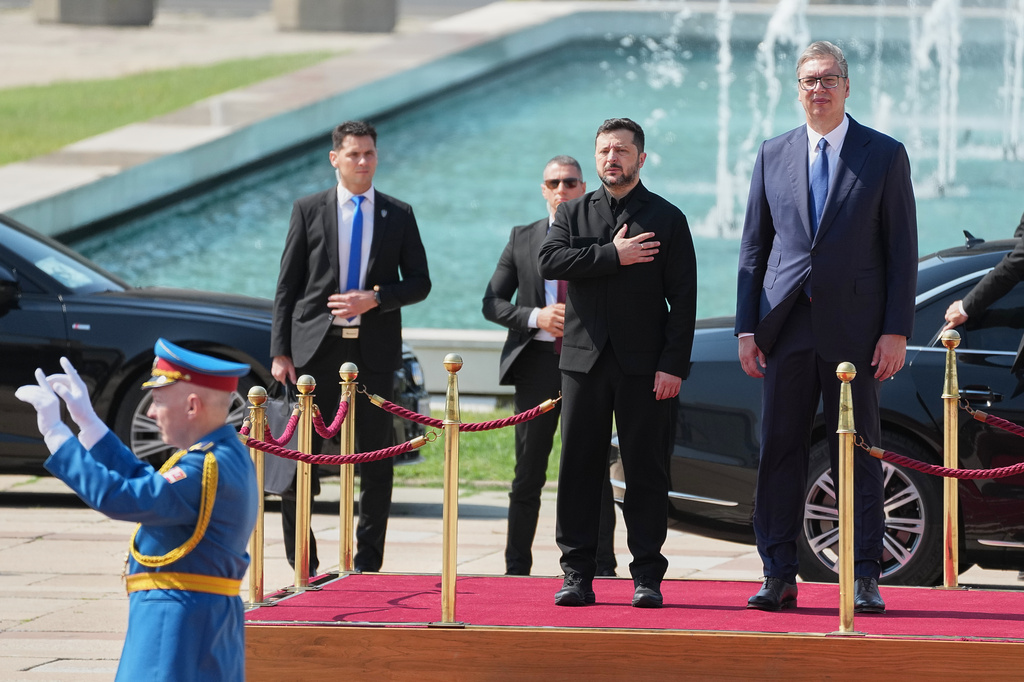 Ukraine's President Volodymyr Zelenskyy stands with his Serbian counterpart Aleksandar Vucic during a welcome ceremony at the Serbia Palace, in Belgrade, Serbia, Saturday, Aug. 8, 2026. (AP Photo/Darko Vojinovic)