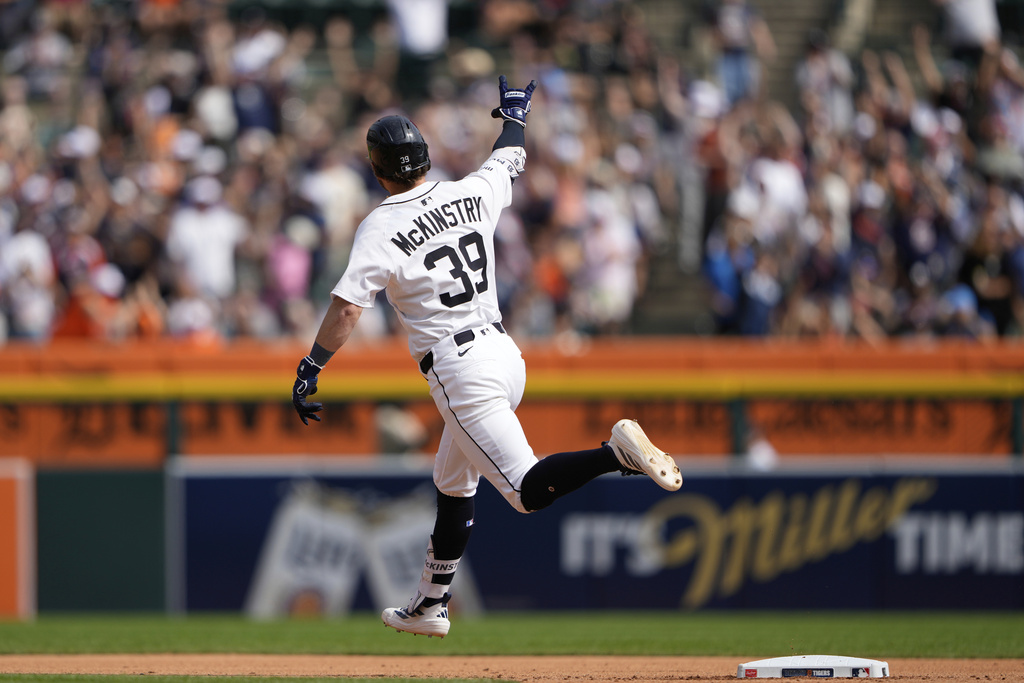 Detroit Tigers' Zach McKinstry reacts while running the bases after hitting a solo home run in the sixth inning of a baseball game against the Atlanta Braves, Saturday, Sept. 20, 2025, in Detroit. (AP Photo/Ryan Sun)
