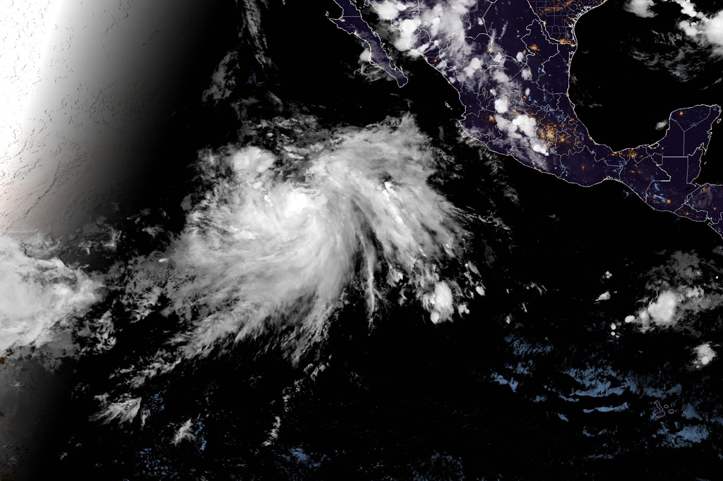 This satellite image from the National Oceanic and Atmospheric Administration taken shows Hurricane Fausto in the eastern Pacific off Mexico’s Baja peninsula on Monday, July 20, 2026. (NOAA via AP)