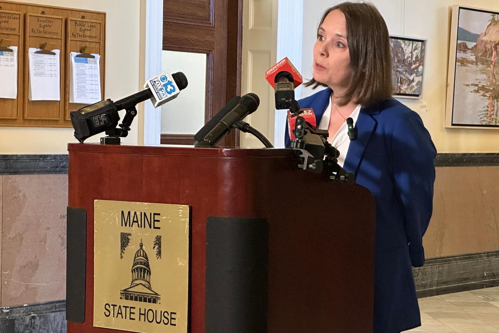 Maine Secretery of State Shenna Bellows speaks at a news conference at the Maine State House in Augusta on Monday, Oct. 6, 2025. (AP Photo/Patrick Whittle)