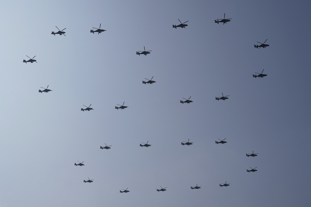 Helicopters fly past during a military parade to commemorate the 80th anniversary of Japan's World War II surrender held in front of Tiananmen Gate in Beijing, Wednesday, Sept. 3, 2025. (AP Photo/Ng Han Guan)