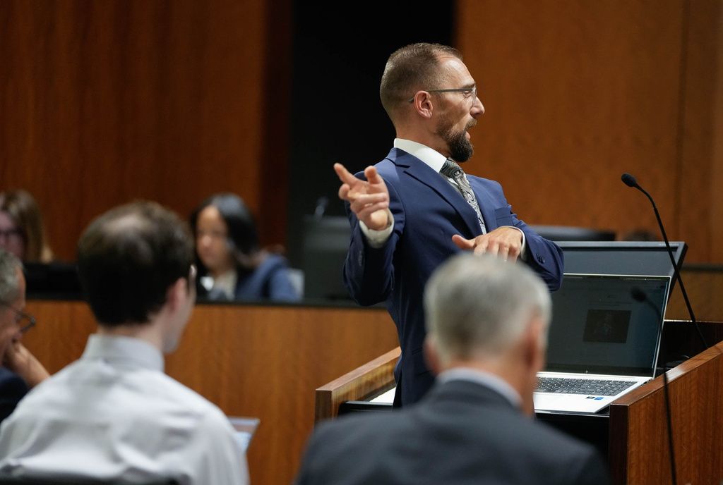 Deputy Utah County Attorney Ryan McBride cross examines during a hearing for Tyler Robinson, accused in the fatal shooting of Charlie Kirk, in 4th District Court in Provo, Utah, on Friday, June 12, 2026. (Francisco Kjolseth /The Salt Lake Tribune via AP, Pool)