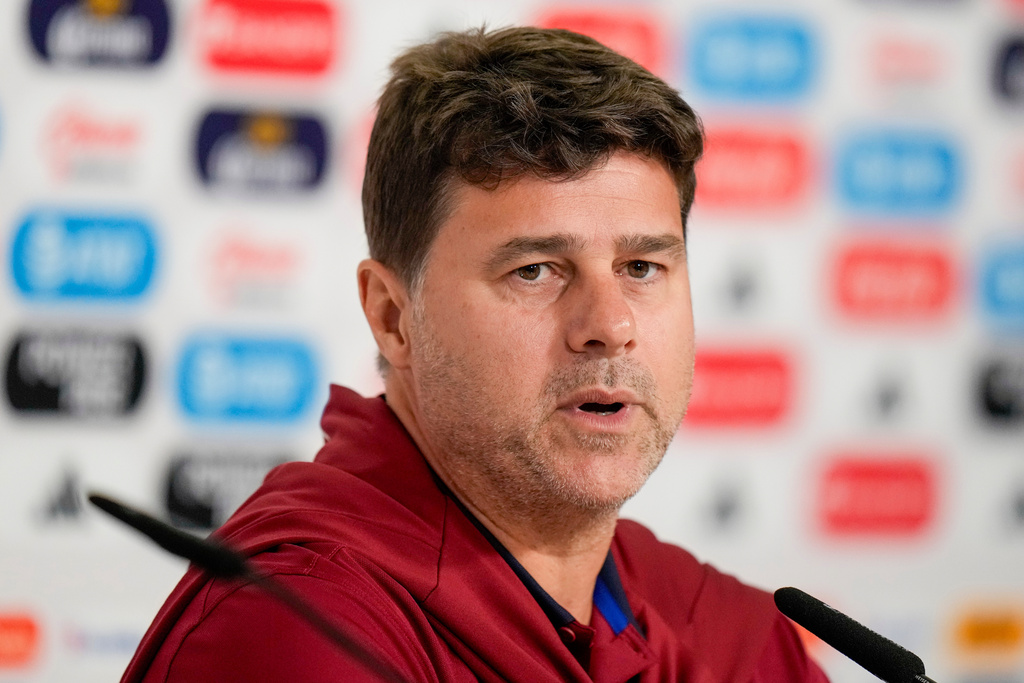 FILE - United States head coach Mauricio Pochettino gives a press conference, Mexico, Oct. 14, 2024, ahead of an international friendly soccer match against Mexico, at Akron Stadium in Guadalajara,. (AP Photo/Eduardo Verdugo, File)