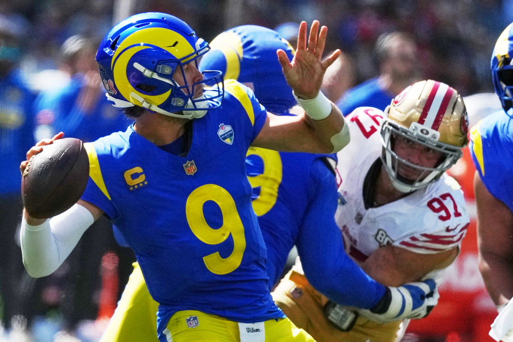 Los Angeles Rams quarterback Matthew Stafford passes against the San Francisco 49ers during the second half of an NFL football game, Friday, Sept. 11, 2026, in Melbourne, Australia. (AP Photo/Asanka Brendon Ratnayake)