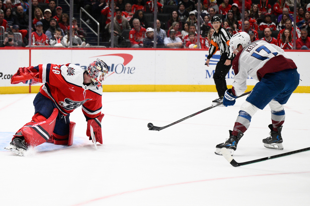 Colorado Avalanche center Parker Kelly (17) shoots against Washington Capitals goaltender Logan Thompson (48) during the second period of an NHL hockey game, Sunday, March 22, 2026, in Washington. (AP Photo/Nick Wass)