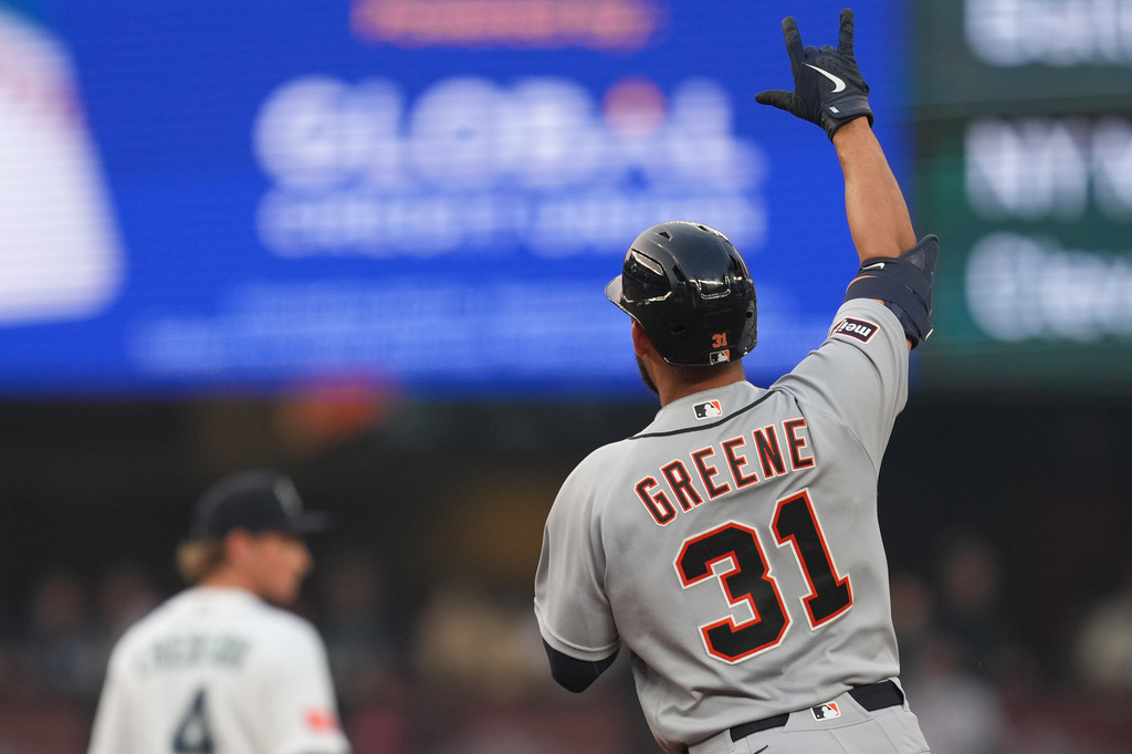 Detroit Tigers Riley Greene (31) rounds the bases after hitting a solo home run against the Seattle Mariners during the top of the fifth inning of a baseball game, Tuesday, Aug 4, 2026, in Seattle. (AP Photo/Eric Hiller)