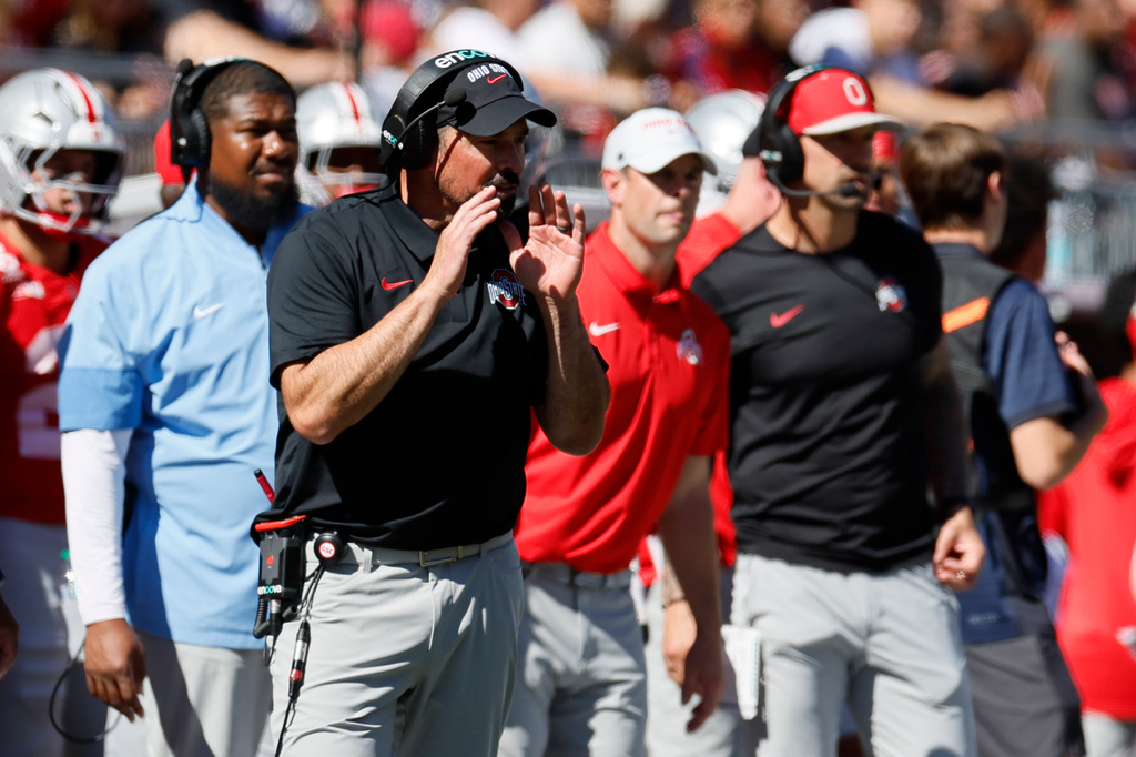 Ohio State head coach Ryan Day shouts to his team during the second half of an NCAA college football game against Illinois, Saturday, Sept. 26, 2026, in Columbus, Ohio. (AP Photo/Jay LaPrete)