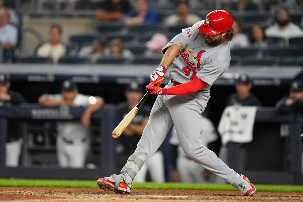 St. Louis Cardinals' Alec Burleson (41) hits a two-run home run during the eighth inning of a baseball game against the New York Yankees Monday, Aug. 3, 2026, in New York. (AP Photo/Frank Franklin II)