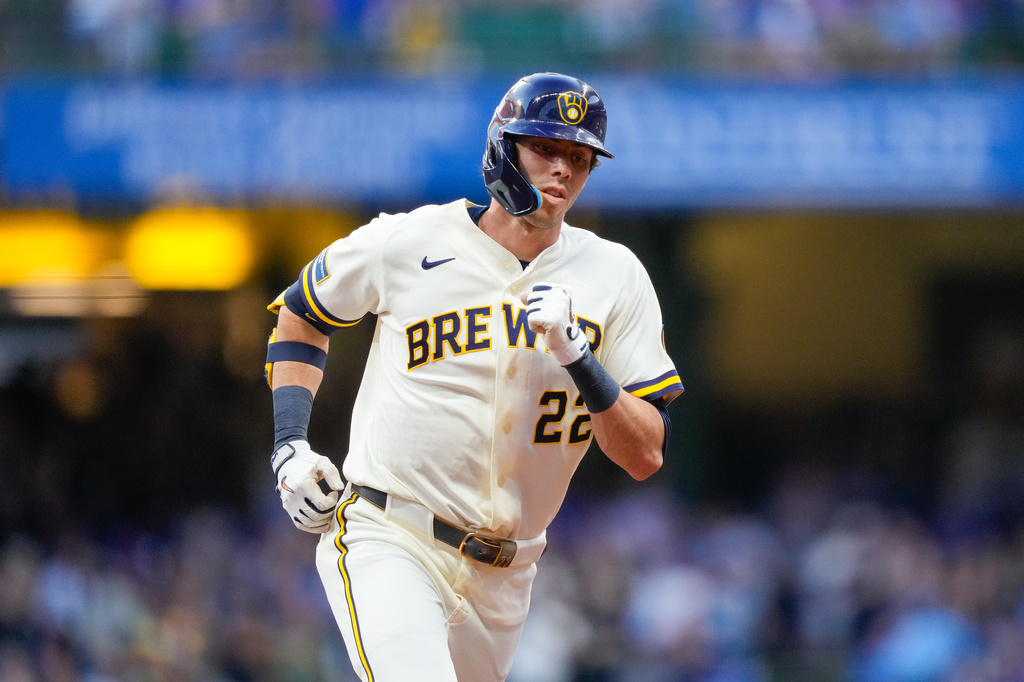 Milwaukee Brewers designated hitter Christian Yelich runs the bases after hitting a three-run home run during the first inning of a baseball game against the Chicago Cubs Wednesday, Sept. 9, 2026, in Milwaukee. (AP Photo/Kayla Wolf)