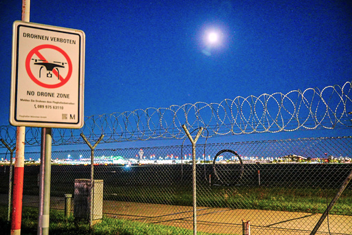 A sign prohibiting drones is seen at the Munich Airport on Friday, Oct. 3, 2025. (Enrique Kaczor/dpa via AP) A sign prohibiting drones is seen at the Munich Airport on Friday, Oct. 3, 2025. (Enrique Kaczor/dpa via AP)