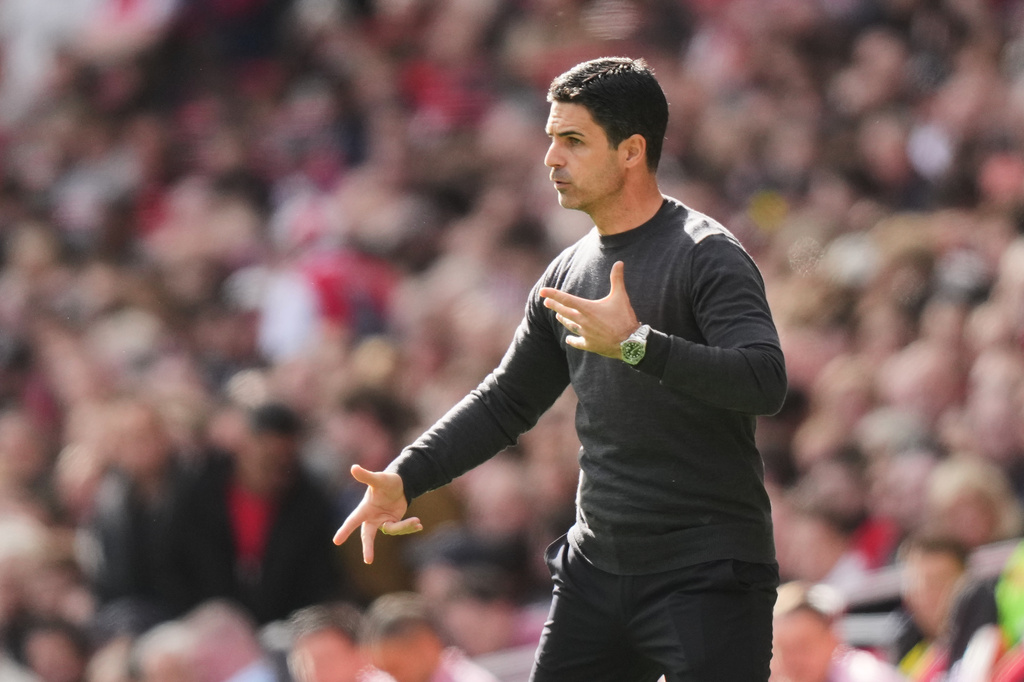 Arsenal's manager Mikel Arteta reacts during the English Premier League soccer match between Arsenal and Leeds United in London, Saturday, Oct. 10, 2026. (AP Photo/Alastair Grant)