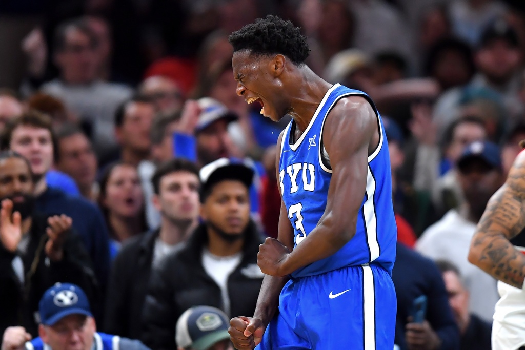 BYU forward AJ Dybantsa (3) celebrates after scoring in the second half of an NCAA college basketball game against UConn, Saturday, Nov. 15, 2025, in Boston. (AP Photo/Steven Senne)