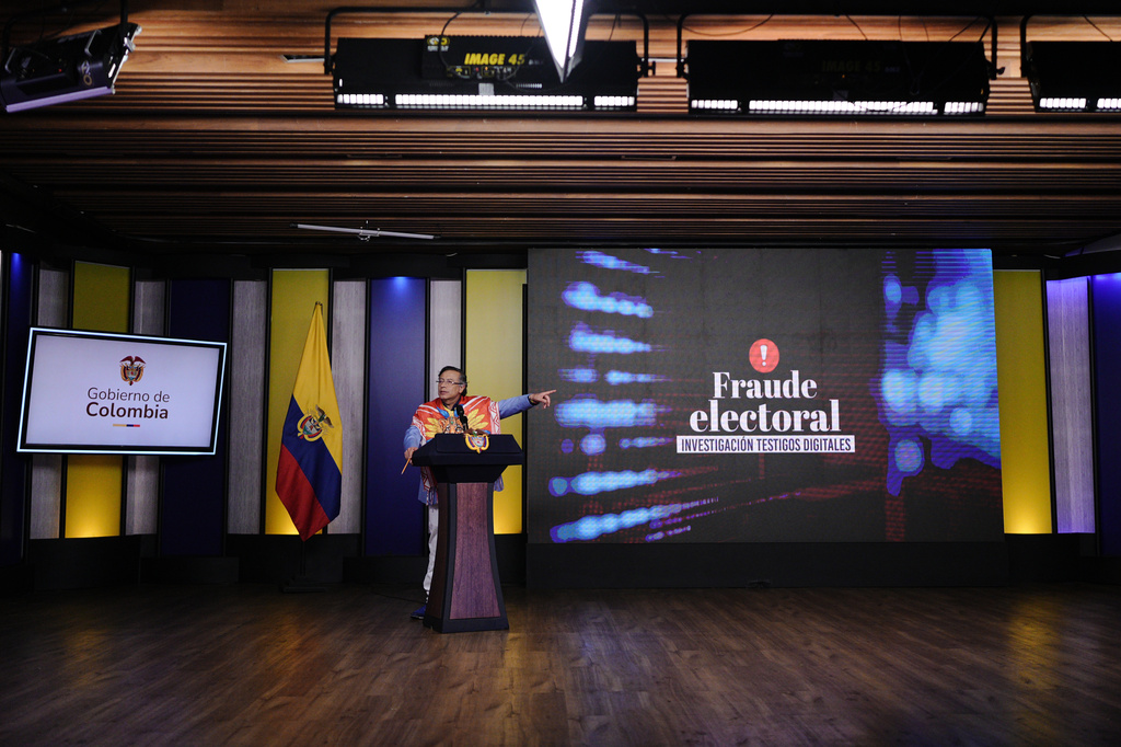 Colombia's President Gustavo Petro gestures during a press conference at the presidential palace in Bogota, Colombia, Monday, Aug. 3, 2026. (AP Photo/Ivan Valencia)