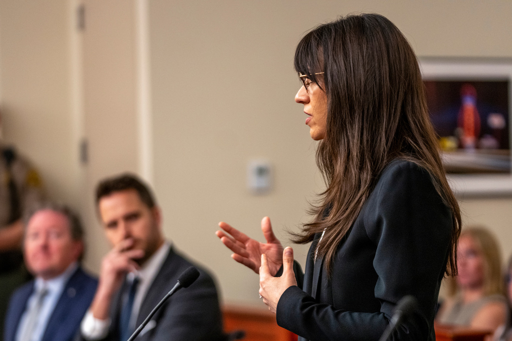 Attorney Daniela Diaz speaks during a hearing on a protective order sought by a former partner against Taylor Frankie Paul, in 3rd District Court in Salt Lake City, Tuesday, April 7, 2026. (Rick Egan/The Salt Lake Tribune via AP, Pool)