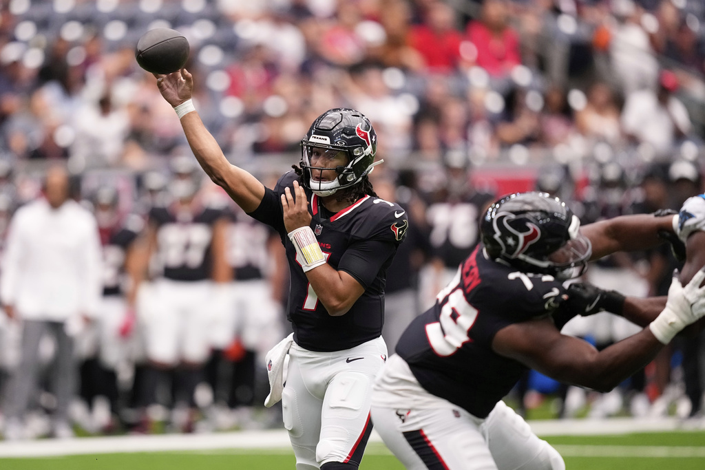 Houston Texans quarterback C.J. Stroud passes against the Carolina Panthers during the first half of an NFL preseason football game on Saturday, Aug. 16, 2025, in Houston. (AP Photo/David J. Phillip)