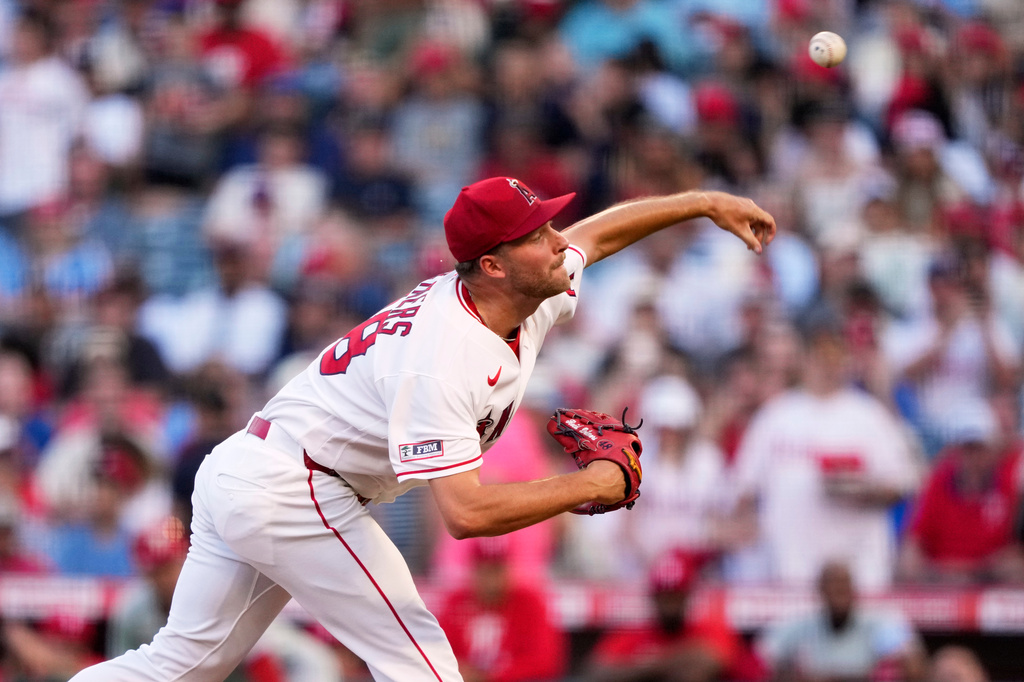 Los Angeles Angels starting pitcher Reid Detmers throws to the plate during the first inning of a baseball game against the Philadelphia Phillies, Friday, Aug. 28, 2026, in Anaheim, Calif. (AP Photo/Mark J. Terrill)