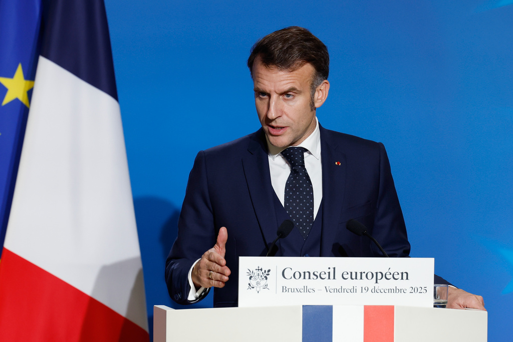French President Emmanuel Macron speaks during a media conference at the EU Summit in Brussels, Friday, Dec. 19, 2025. (AP Photo/Geert Vanden Wijngaert)