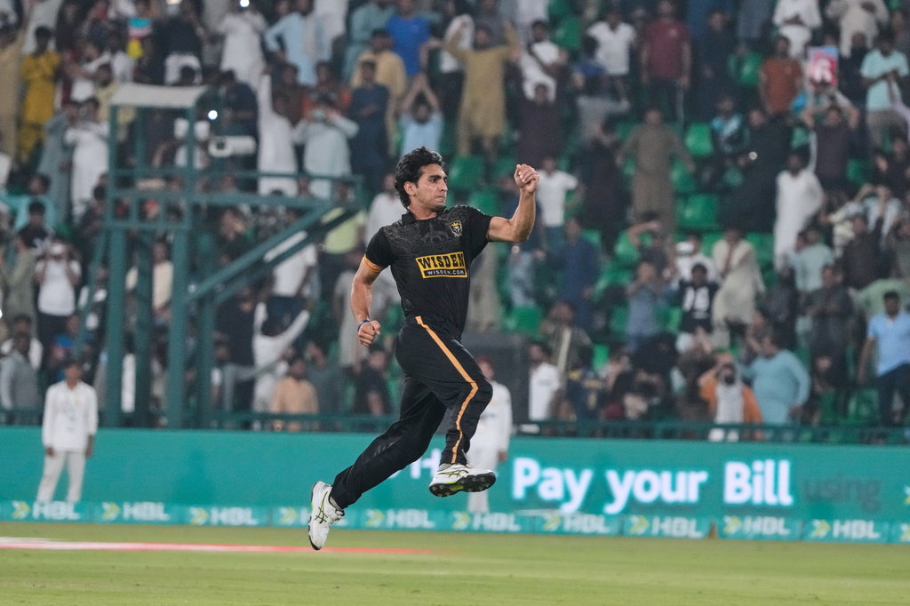 Hyderabad Kingsmen Hunain Shah celebrates after his team win the Pakistan Super League second eliminator cricket match against Islamabad United, in Lahore, Pakistan, Friday, May 1, 2026. (AP Photo/K.M. Chaudary)