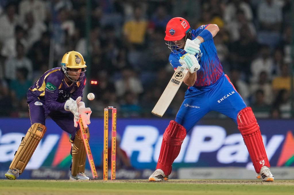 Delhi Capitals' Tristan Stubbs is bowled out by Kolkata Knight Riders' Anukul Roy during the Indian Premier League cricket match between Delhi Capitals and Kolkata Knight Riders in New Delhi, India, Friday, May 8, 2026. (AP Photo/Manish Swarup)