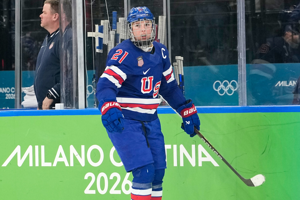 United States' Hilary Knight (21) celebrates after scoring her side's opening goal during a women's ice hockey gold medal game between the United States and Canada at the 2026 Winter Olympics, in Milan, Italy, Thursday, Feb. 19, 2026. (AP Photo/Hassan Ammar)