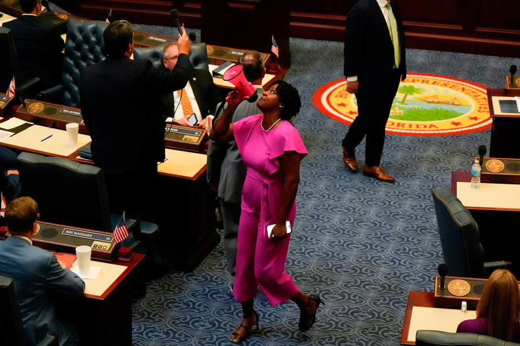 FILE - State Rep. Angie Nixon, D-Fla., speaks loudly on the House floor as the House votes on HB1D, a redistricting bill, during a special session of the Florida Legislature, April 29, 2026, in Tallahassee, Fla. (AP Photo/Mike Stewart, File)
