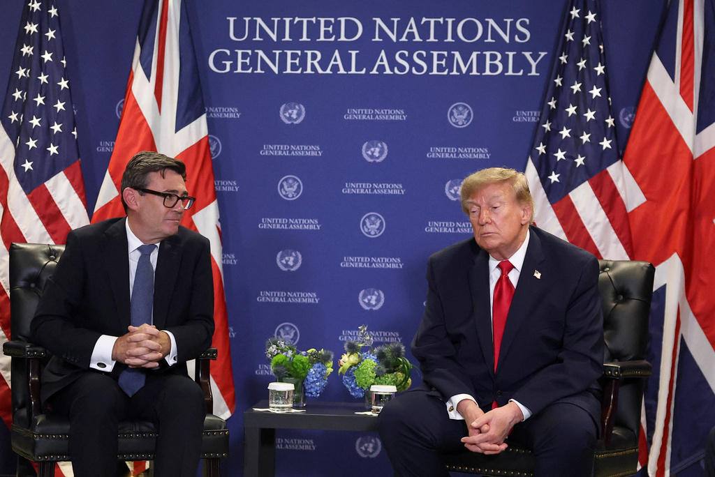 Britain's Prime Minister Andy Burnham, left, meets with US President Donald Trump on the sidelines of the 81st United Nations General Assembly, in New York City, Tuesday Sept. 22, 2026. (Toby Melville/Pool Photo via AP)