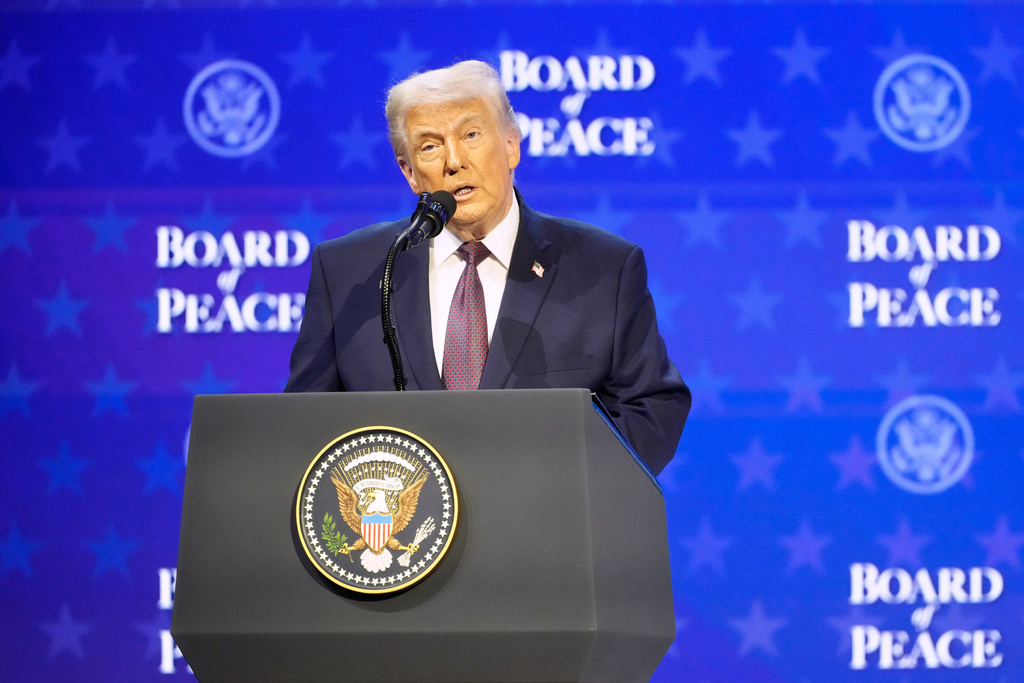 President Donald Trump speaks during a session on his Board of Peace initiative at the Annual Meeting of the World Economic Forum in Davos, Switzerland, Thursday, Jan. 22, 2026. (AP Photo/Markus Schreiber)