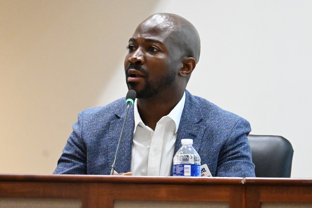 Dakarai Larriett, a Democratic candidate for the U.S. Senate, participates in a candidates forum, April 7, 2026, at Spanish Fort City Hall in Spanish Fort, Ala. (John Sharp/AL.com via AP)