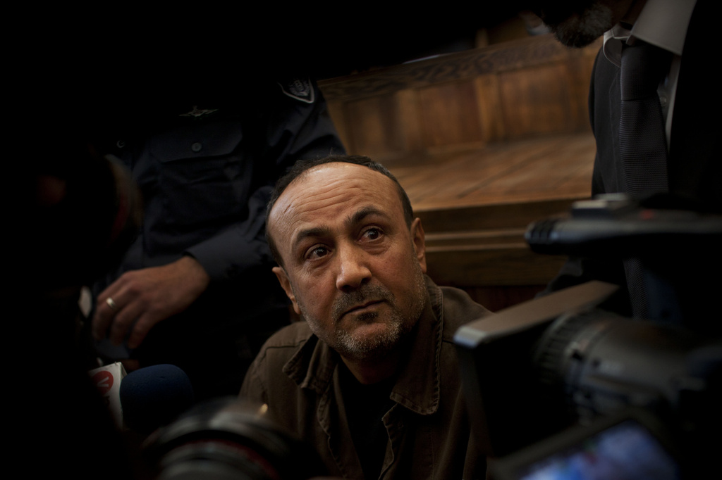 FILE - In this Jan. 25, 2012, file photo, senior Fatah leader Marwan Barghouti appears at Jerusalem's court. (AP Photo/Bernat Armangue, File)