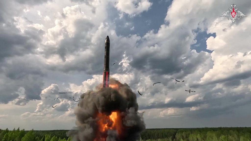 In this image made from video provided by Russian Defense Ministry Press Service on Thursday, May 21, 2026, A Yars intercontinental ballistic missile is test-fired during drills of Russia's nuclear forces. (Russian Defense Ministry Press Service via AP)