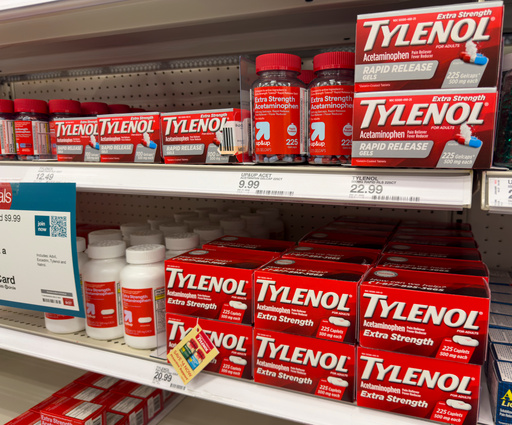 FILE - Tylenol pain relief products are shown on a store shelf in Carmel, Ind., Sept. 23, 2025. (AP Photo/Michael Conroy, file) FILE - Tylenol pain relief products are shown on a store shelf in Carmel, Ind., Sept. 23, 2025. (AP Photo/Michael Conroy, file)