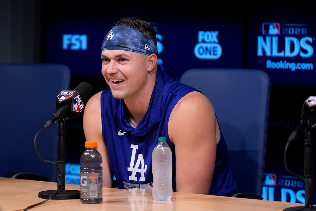 Los Angeles Dodgers pitcher Tarik Skubal speaks during a news conference ahead of a baseball NL Division Series Friday, Oct. 2, 2026, in Los Angeles. (AP Photo/Mark J. Terrill)