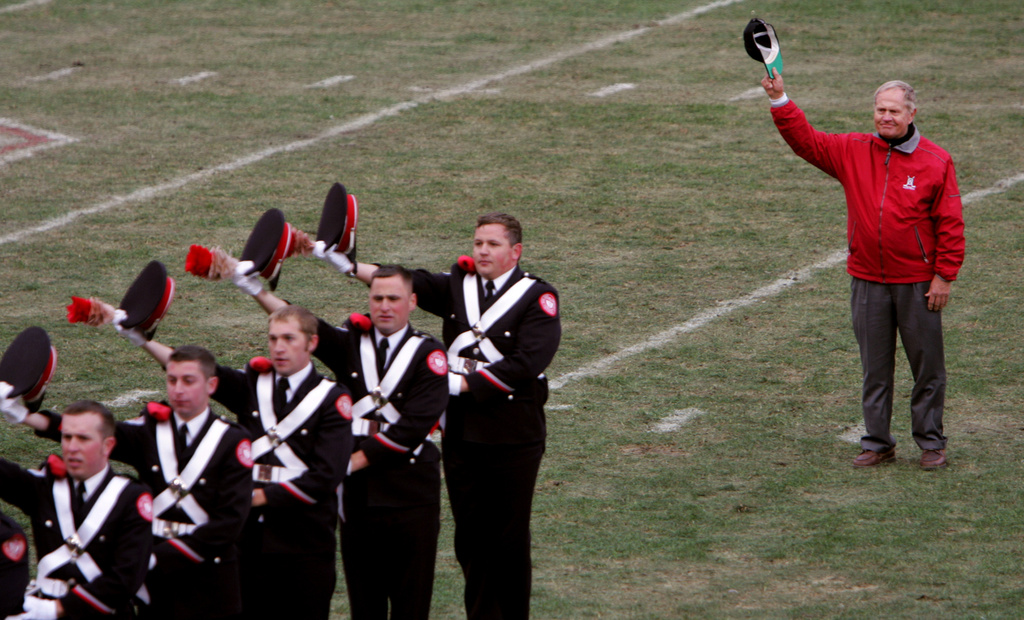 FILE - Jack Nicklaus waves to the crowd after "dotting the i" in the Ohio State marching band's signature maneuver, "Script Ohio", during halftime of the college football game between Minnesota and Ohio State, Saturday, Oct. 28, 2006, in Columbus, Ohio. (Marvin Fong/The Plain Dealer via AP, File)
