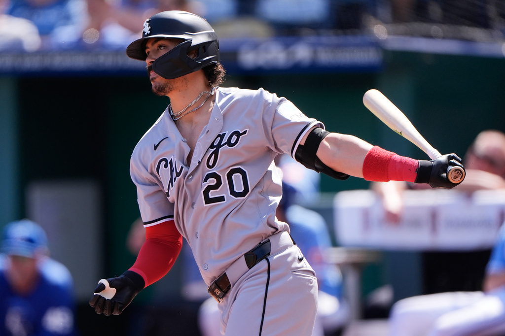 Chicago White Sox's Miguel Vargas watches his RBI single during the first inning of a baseball game against the Kansas City Royals, Thursday, Sept. 24, 2026, in Kansas City, Mo. (AP Photo/Charlie Riedel)