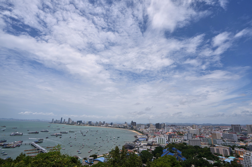 Boats float on Pattaya Beach in Thailand, on Aug. 31, 2026. (AP Photo/Sakchai Lalit)