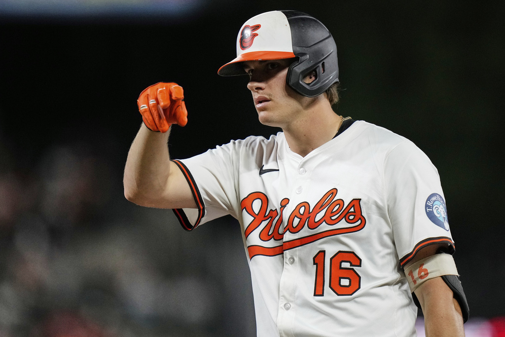 Baltimore Orioles' Coby Mayo (16) celebrates after hitting a single during the second inning of a baseball game against the New York Yankees, Thursday, Sept. 18, 2025, in Baltimore. (AP Photo/Stephanie Scarbrough)