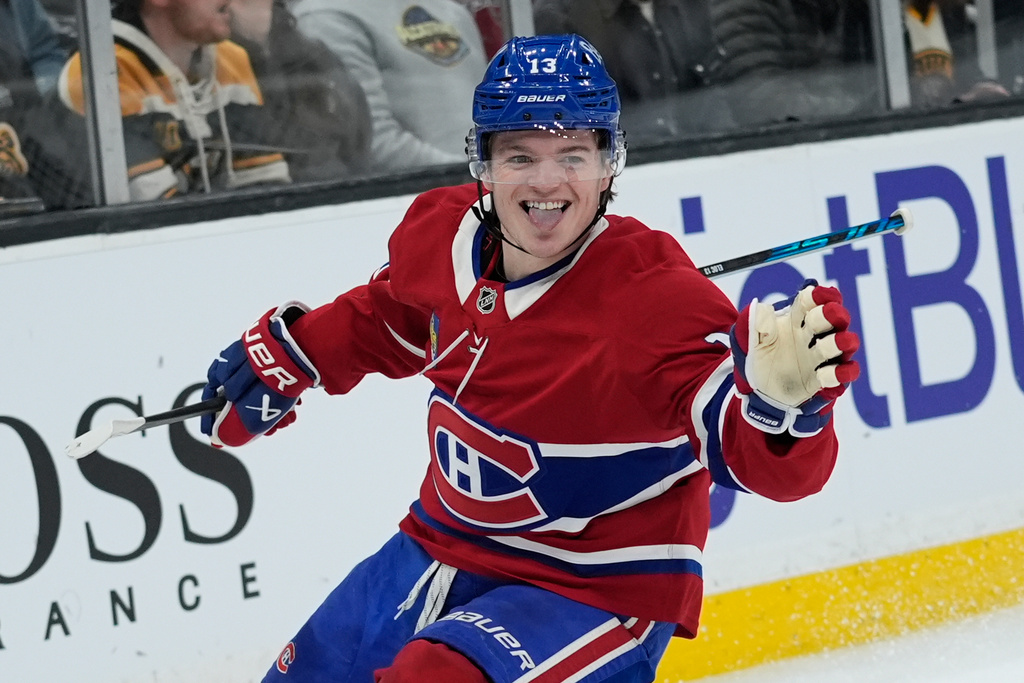 Montreal Canadiens right wing Cole Caufield celebrates after his goal during the first period of an NHL hockey game against the Boston Bruins in Boston, Saturday, Jan. 24, 2026. (AP Photo/Robert F. Bukaty)