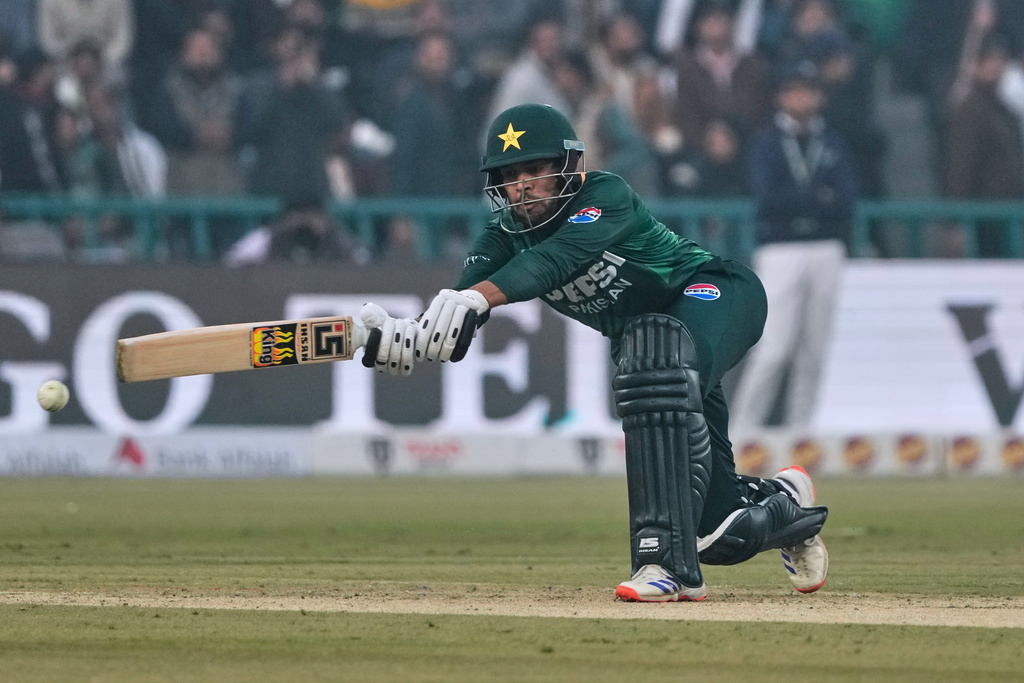 Pakistan's Usman Khan plays a shot during the second T20 cricket match between Pakistan and Australia, in Lahore, Pakistan, Saturday, Jan. 31, 2026. (AP Photo/K.M. Chaudary)