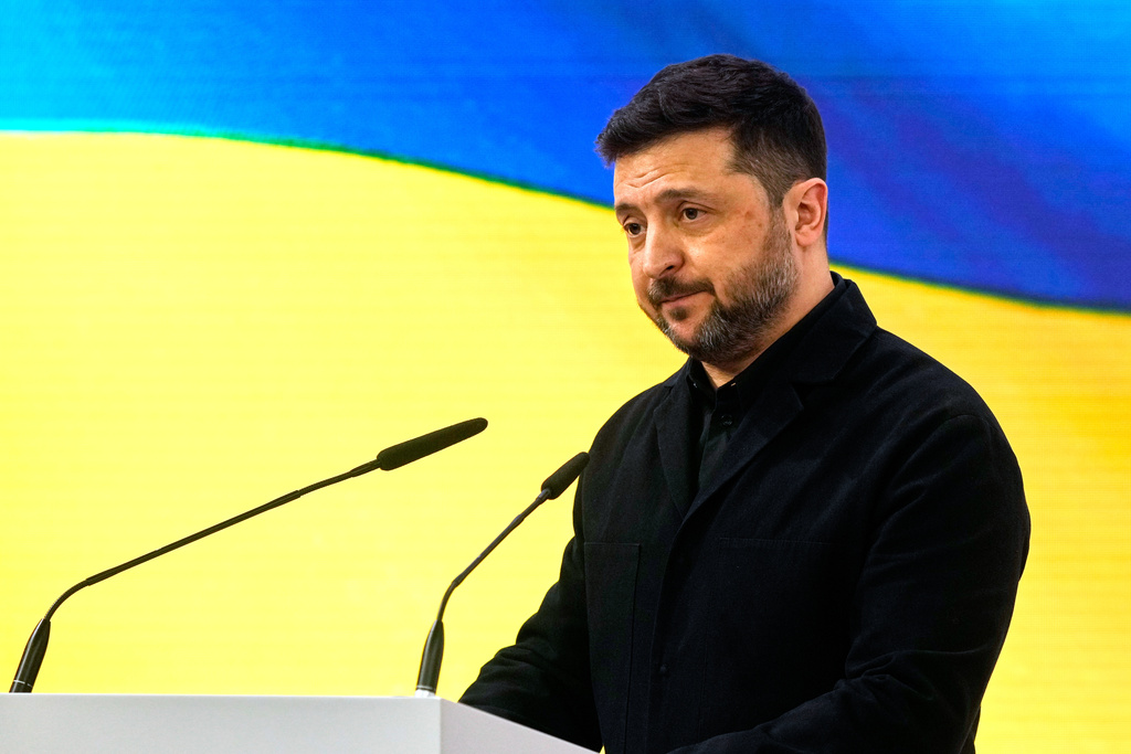 Ukraine's President Volodymyr Zelenskyy addresses the audience during a session at the Munich Security Conference in Munich, Germany, Saturday, Feb. 14, 2026. (AP Photo/Michael Probst)