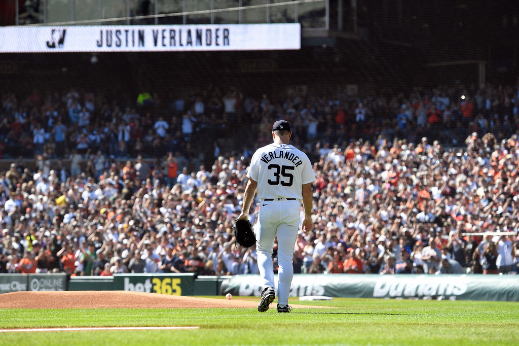 Detroit Tigers starting pitcher Justin Verlander walks to the mound before the start of a baseball game against the Pittsburgh Pirates, Saturday, Sept. 26, 2026, in Detroit. (AP Photo/Jose Juarez)