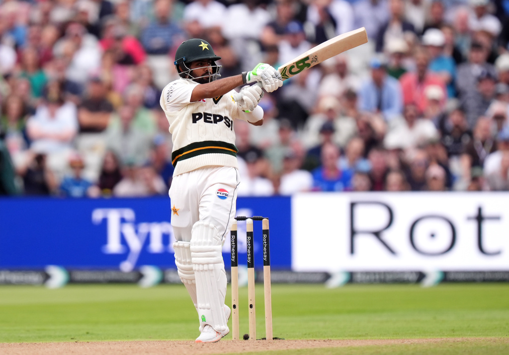 Pakistan's Babar Azam batting on day three of the third cricket Test between England and Pakistan in Birmingham, England, Friday, Sept. 11, 2026. (Mike Egerton/PA via AP)