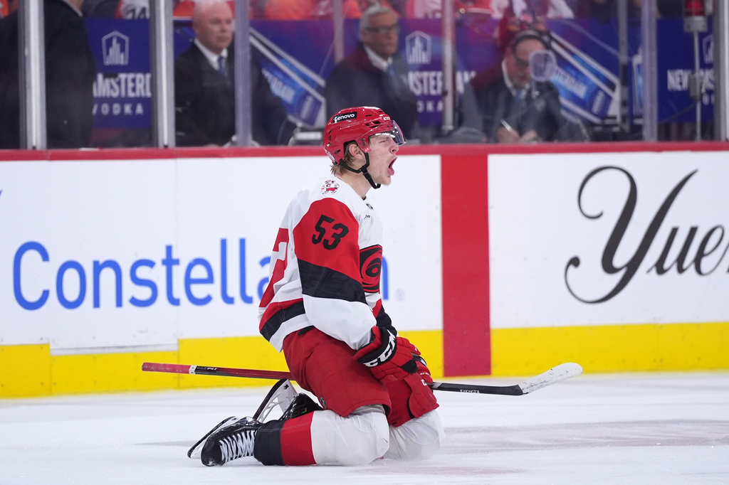 Carolina Hurricanes' Jackson Blake reacts after scoring the game-winning goal in overtime during Game 4 in a second-round NHL hockey Stanley Cup playoff series against the Philadelphia Flyers, Saturday, May 9, 2026, in Philadelphia. (AP Photo/Matt Slocum)