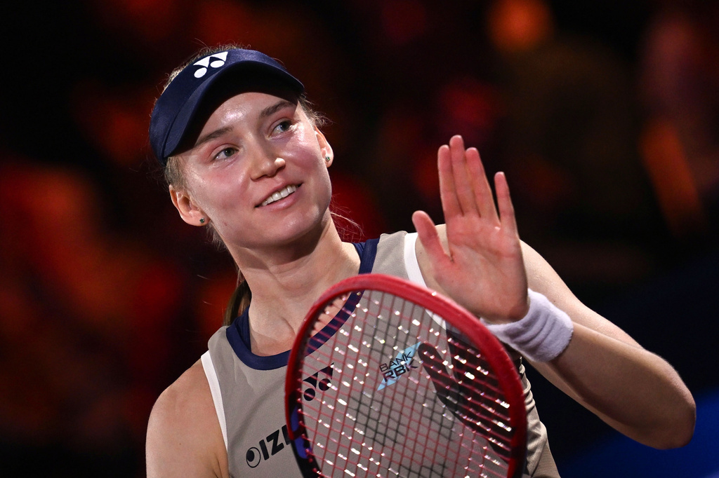 Kazakhstan's Elena Rybakina celebrates winning the women's final match against Czech Republic's Karolina Muchova at the Stuttgart Open tennis tournament, in Stuttgart, Germany, Sunday, April 19, 2026. (Marijan Murat/dpa via AP) CORRECTION. name corrected to Elena instead of Jelena