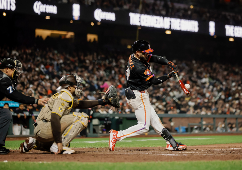 San Francisco Giants' Jesus Rodriguez (79) hits his first MLB home run in the seventh inning of a baseball game against the San Diego Padres in San Francisco on Tuesday, May 5, 2026. (Carlos Avila Gonzalez/San Francisco Chronicle via AP)