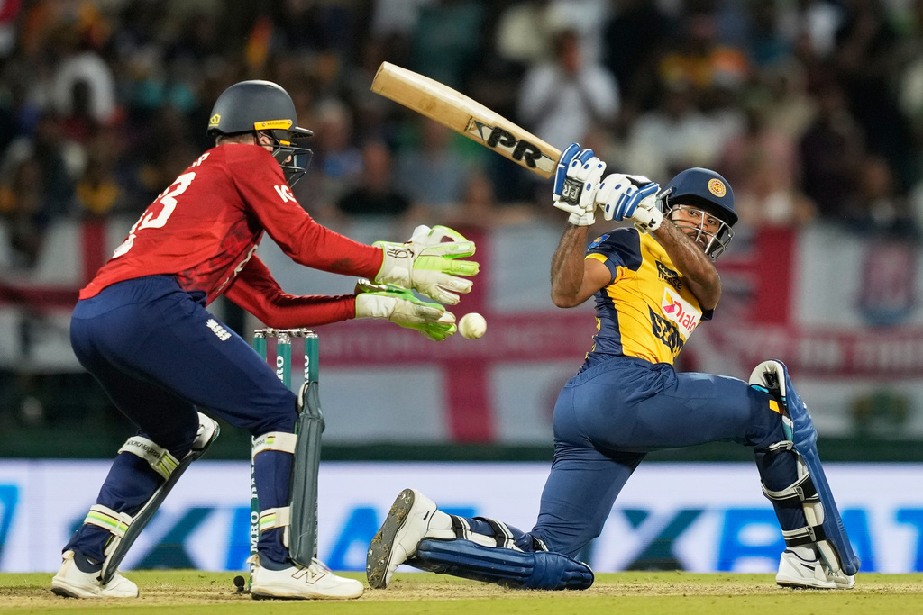 Sri Lanka's Pavan Rathnayake plays a shot during the second T20 cricket match between England and Sri Lanka in Pallekele, Sri Lanka, Sunday, Feb, 1. 2026. (AP Photo/Eranga Jayawardena)