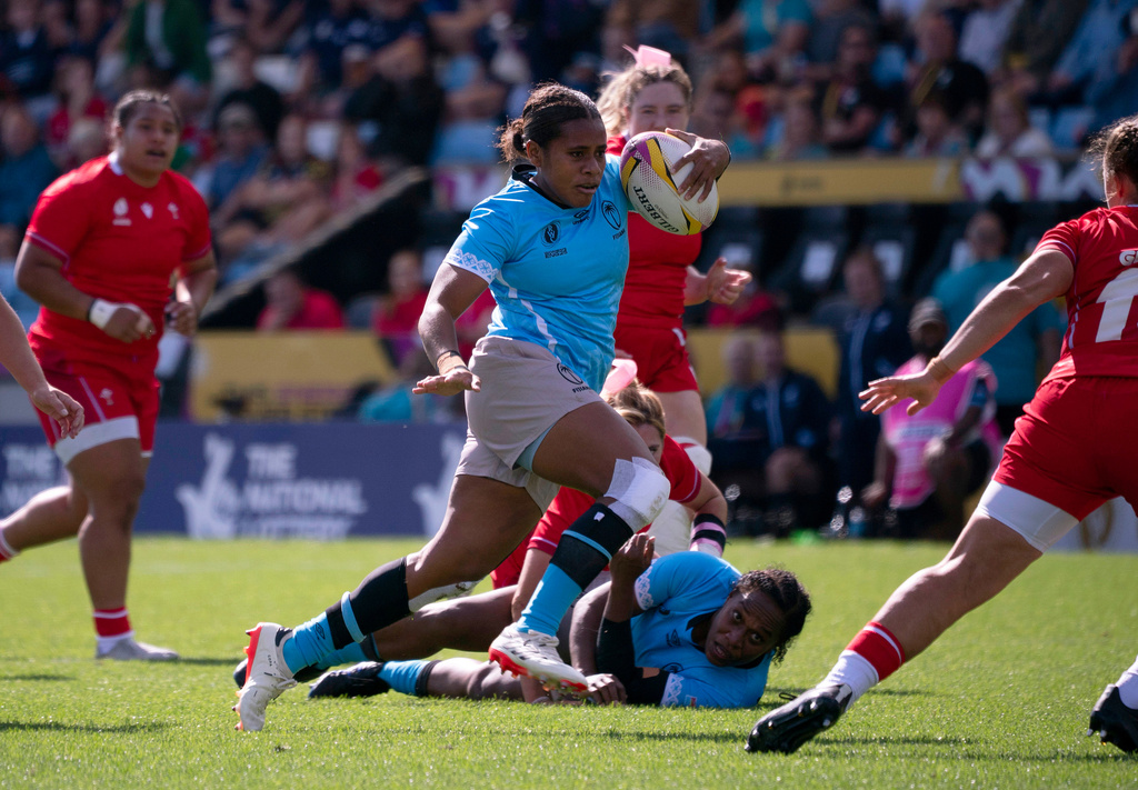 Fiji's Josifini Neihamu in action during the Women's Rugby World Cup 2025 pool B match between Wales and Fiji at Sandy Park, Exeter, England, Saturday Sept. 6, 2025. (Ben Birchall/PA via AP)