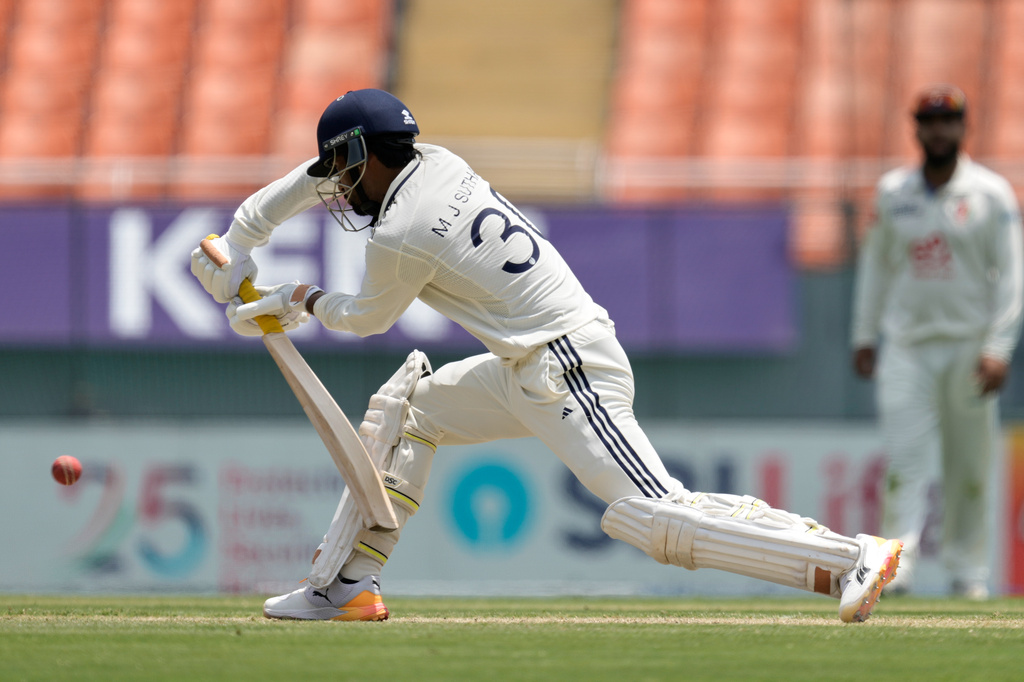 India's debutant Manav Suthar bats on day two of the cricket test match between Afghanistan and India in New Chandigarh, India, Sunday, June 7, 2026. (AP Photo/Ashwini Bhatia)