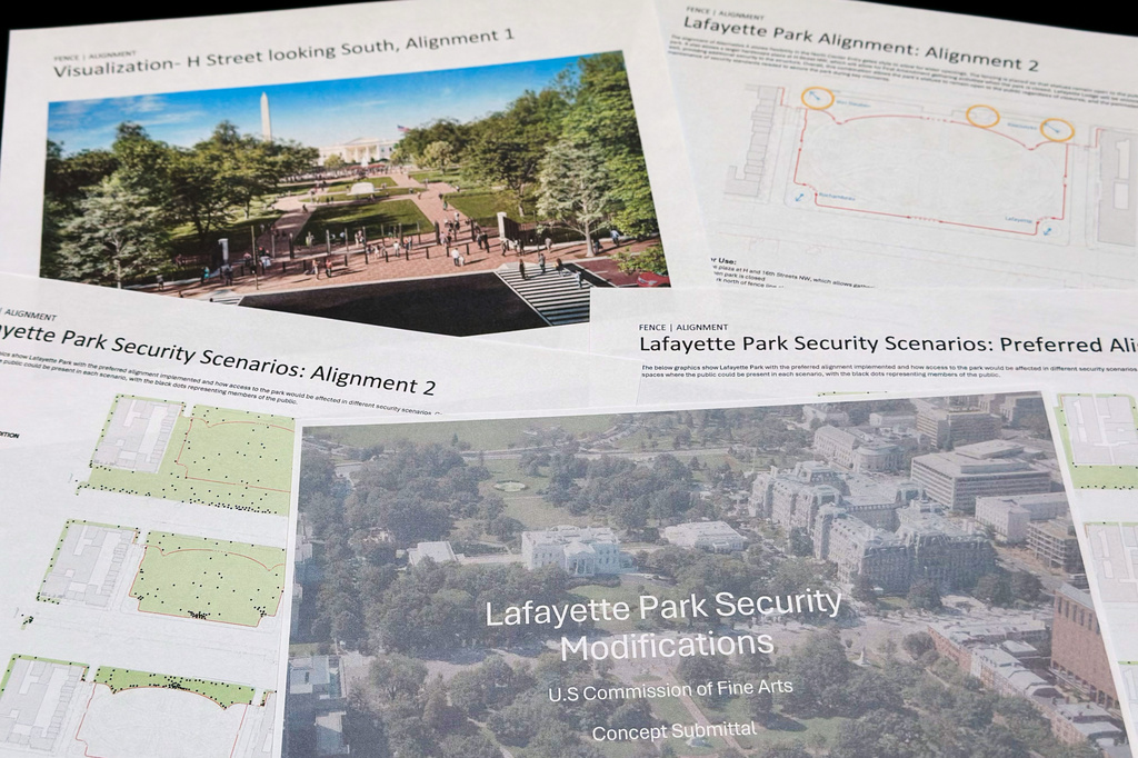 Part of a proposal to improve security at Lafayette Park, across from the White House, is photographed Wednesday, July 15, 2026, before a meeting on July 16 of the U.S. Commission of Fine Arts. (AP Photo/Jon Elswick)
