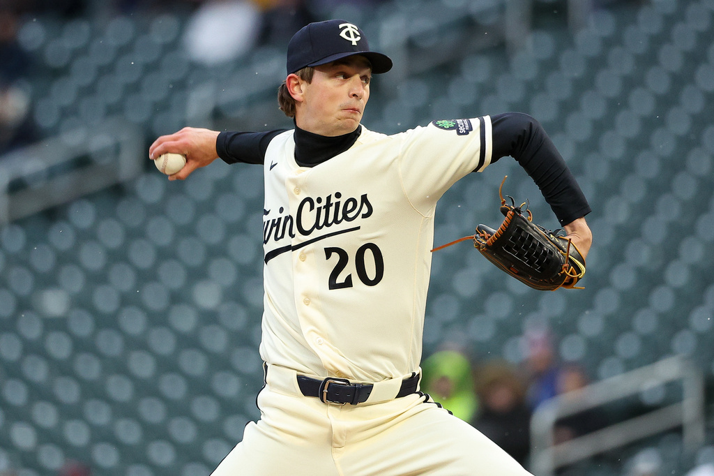 Minnesota Twins starting pitcher Mick Abel delivers against the Tampa Bay Rays during the first inning of baseball game, Saturday, April 4, 2026, in Minneapolis. (AP Photo/Matt Krohn)