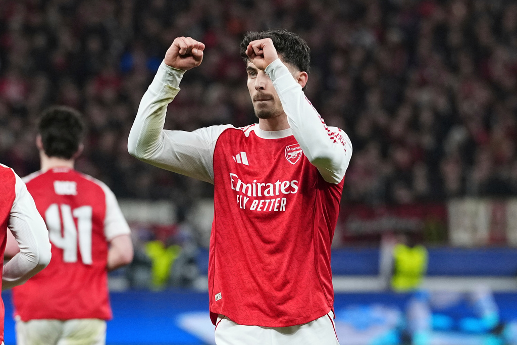 Arsenal's Kai Havertz reacts after scoring a penalty, his side's first goal, during the Champions League round of 16 first leg soccer match between Bayer Leverkusen and Arsenal FC in Leverkusen, Germany, Wednesday, March 11, 2026. (AP Photo/Martin Meissner)